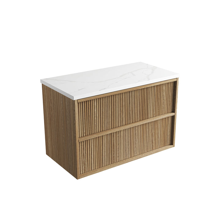 Venetta Fluted Framed Wall Hung Harvest Oak 900mm - Palis White