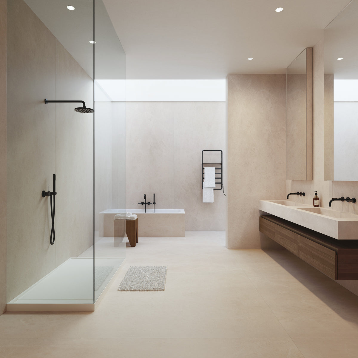 Dekton Akara in a bathroom, wide view