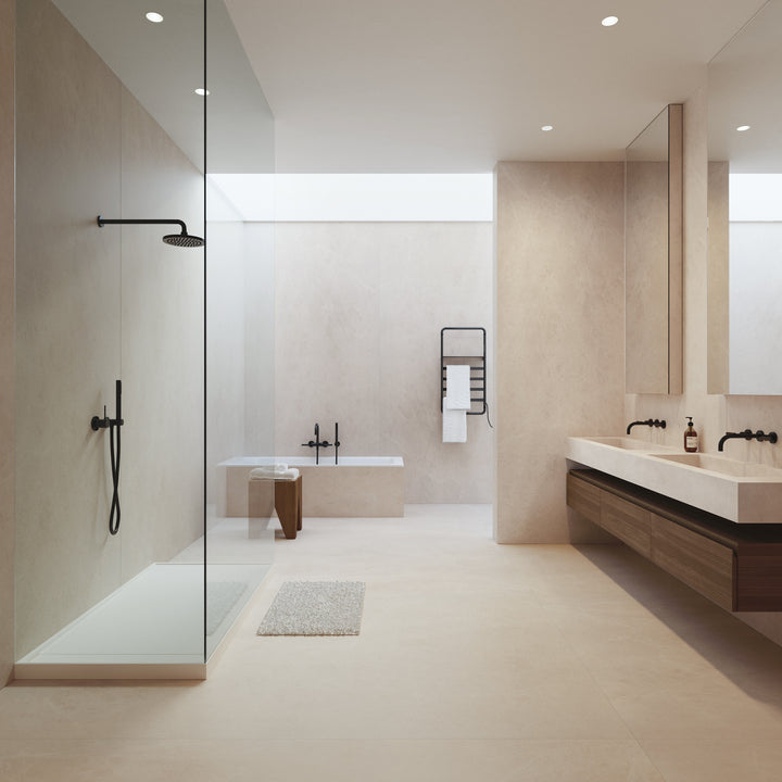 Dekton Akara in a bathroom, wide view