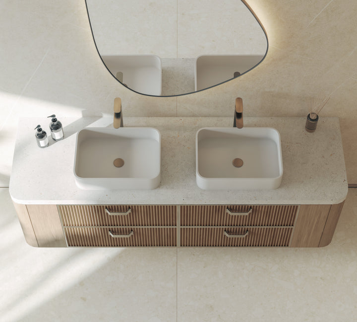 Dekton Polar in a bathroom with Dekton Adia, close-up