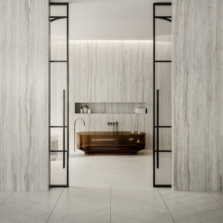 Dekton Trevi in a bathroom with Dekton Polar (third photo)