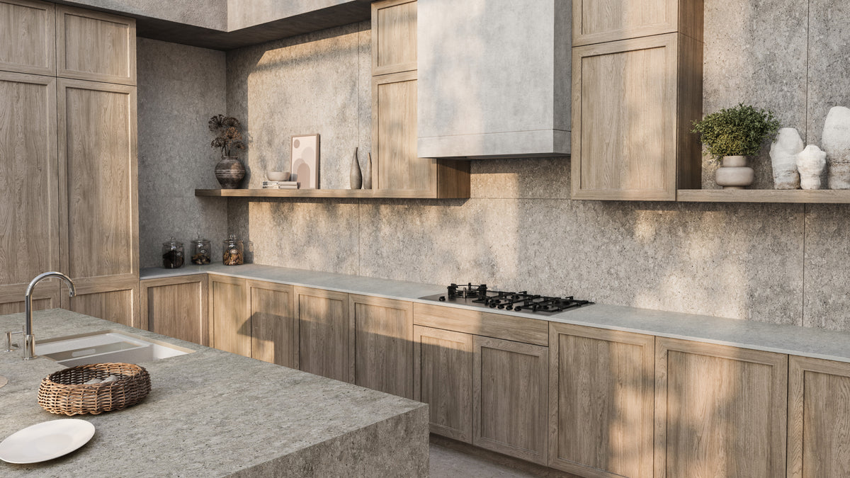 Dekton Grigio on a kitchen benchtop and splashback with timber cabinets