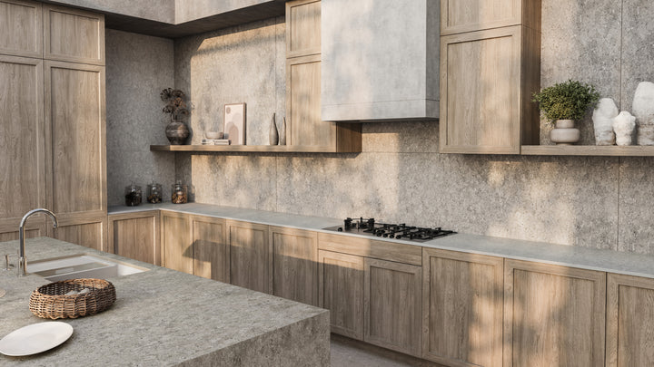 Dekton Grigio on a kitchen benchtop and splashback with timber cabinets