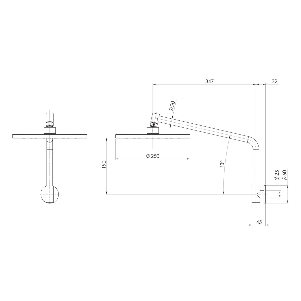 Specification diagram - Ormond High Rise Shower Rose &amp; Arm