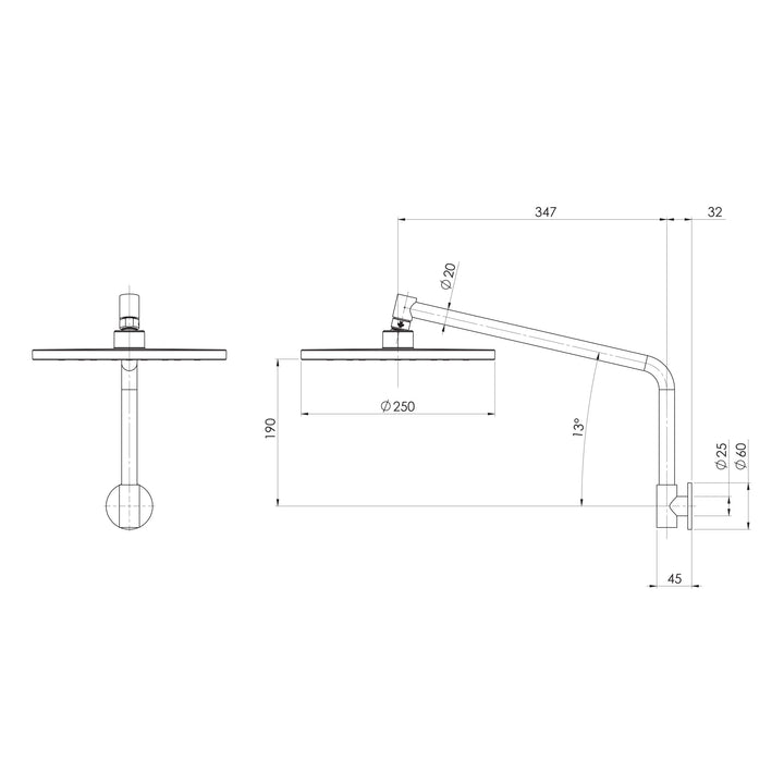 Specification diagram - Ormond High Rise Shower Rose &amp; Arm