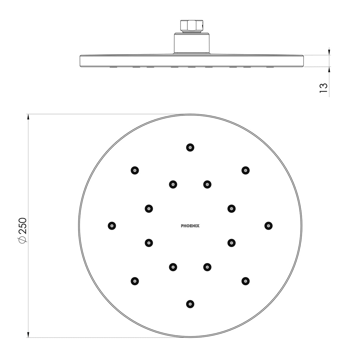 Specification diagram - LuxeXP Shower Rose 250mm Round