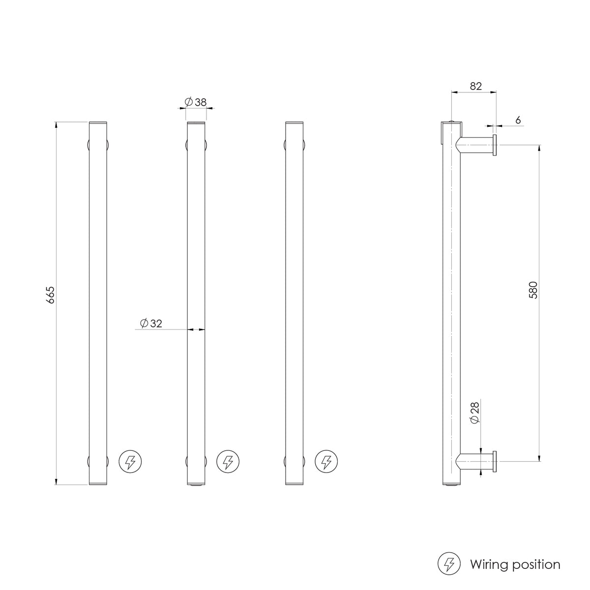 Heated Triple Towel Rail Round 600mm — technical drawing