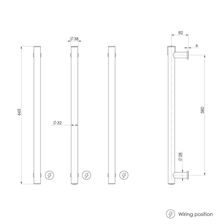 Heated Triple Towel Rail Round 600mm — technical drawing