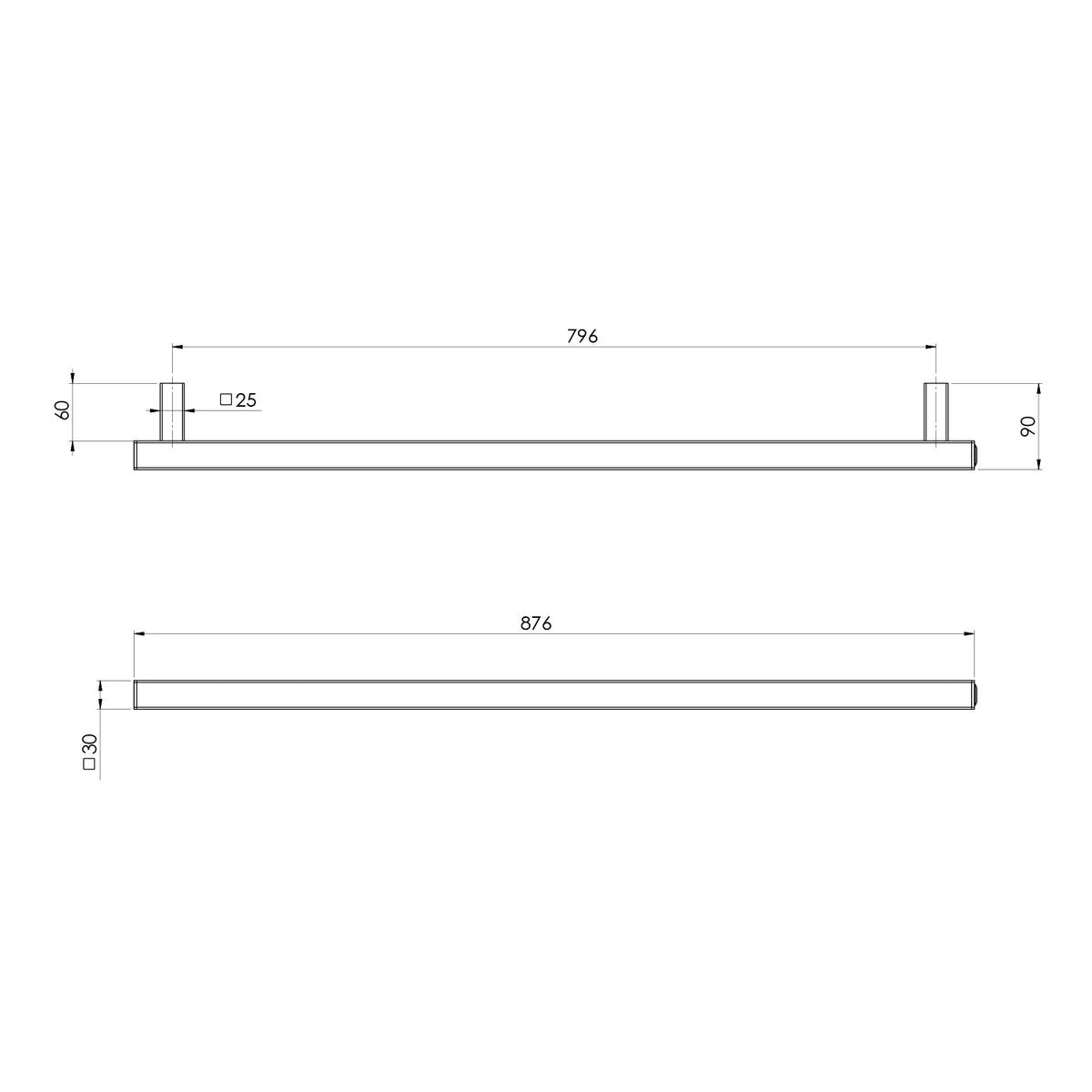 Heated Towel Rail Square 800mm — technical drawing