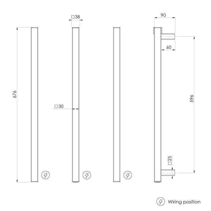 Heated Triple Towel Rail Square 600mm — technical drawing