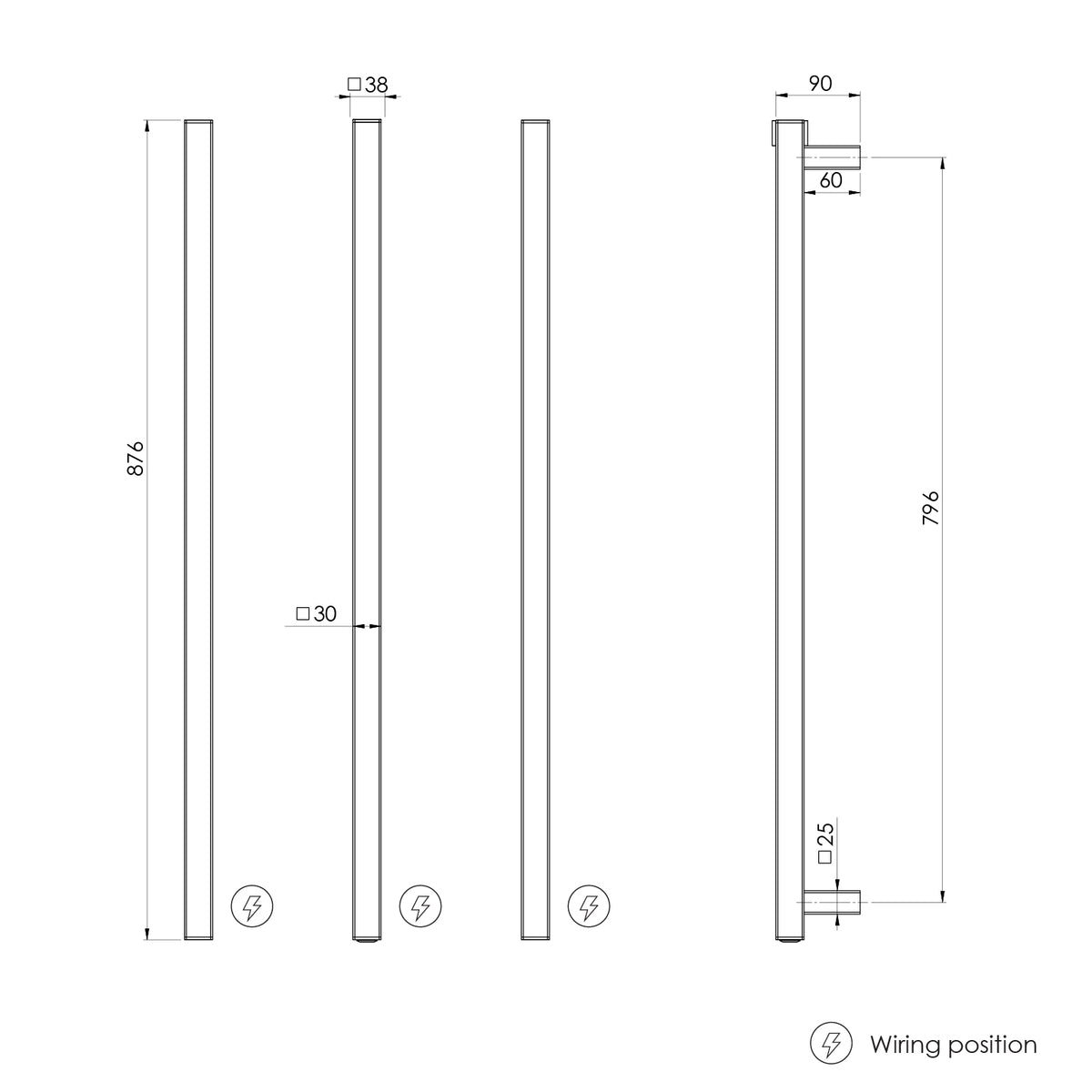 Heated Triple Towel Rail Square 800mm — technical drawing