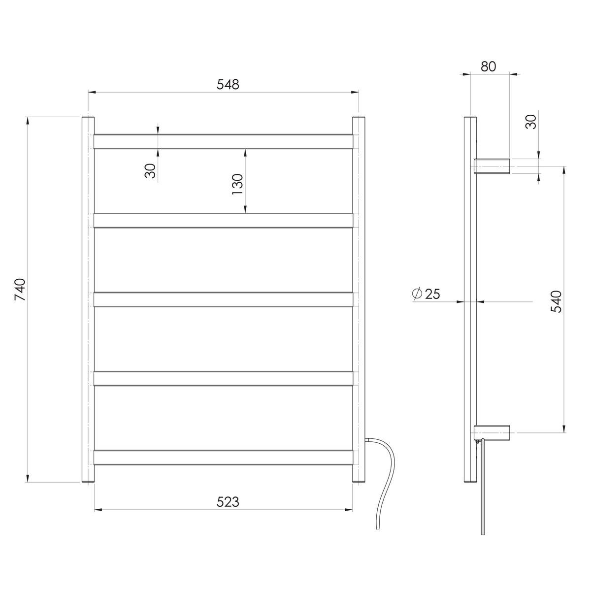 Five Flat Bar Heated Towel Ladder 550mm x 740mm — technical drawing