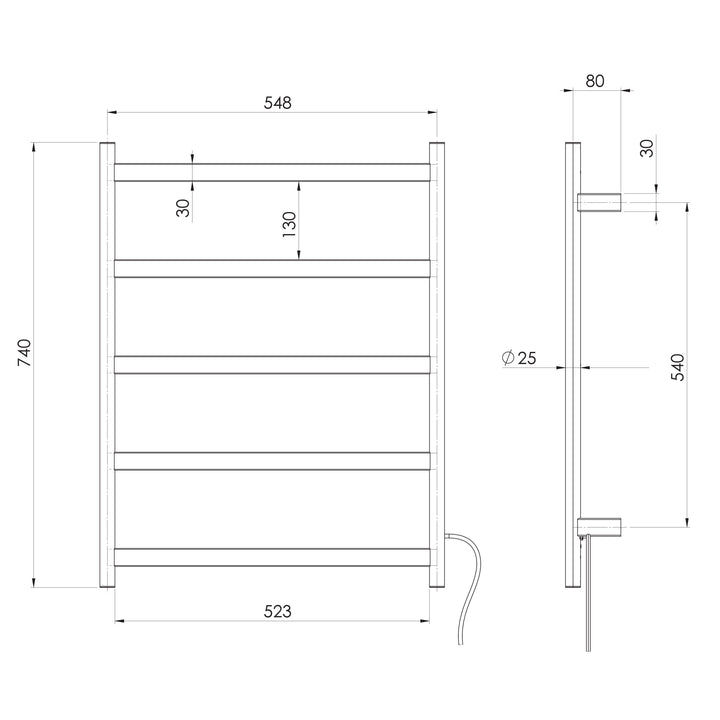 Five Flat Bar Heated Towel Ladder 550mm x 740mm — technical drawing