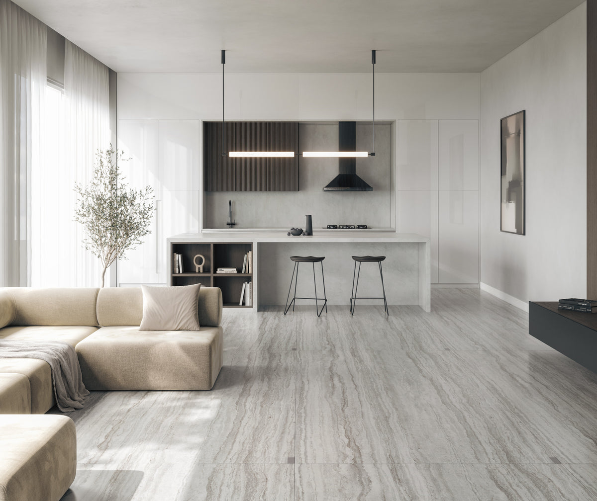 Dekton Trevi in a living room with Dekton Sandik