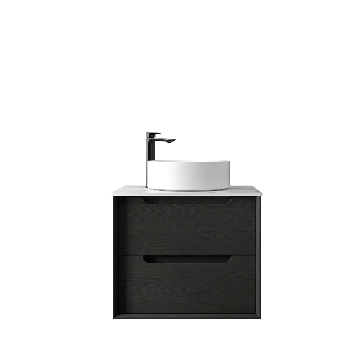 Byron 600mm Black Oak Wall Hung Vanity - Clearance Top (RockPlate Mont Blanc)