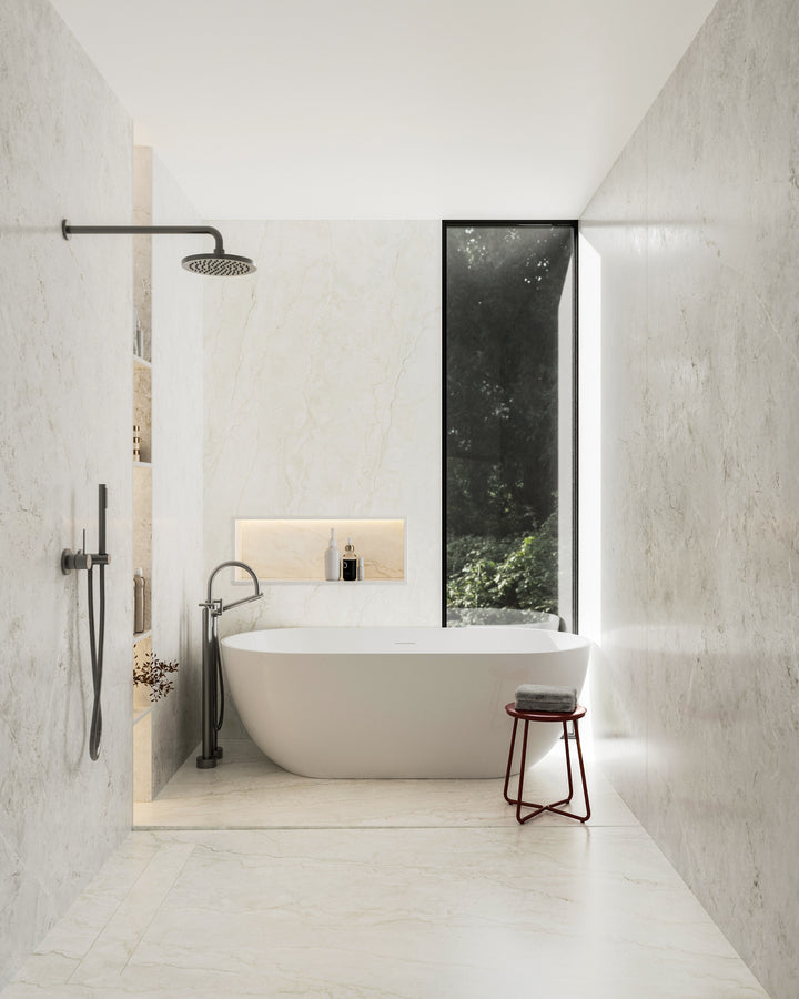 Dekton Evok in a bathroom with Dekton Thala, wide view