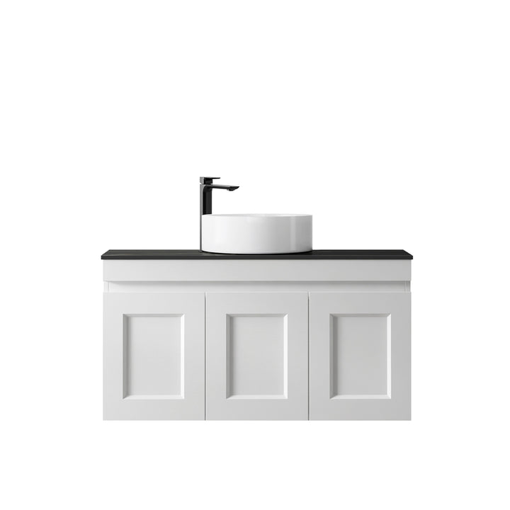 Hampton Mark II 900mm Satin White Wall Hung Vanity - Clearance Top (RockPlate Empire Black)