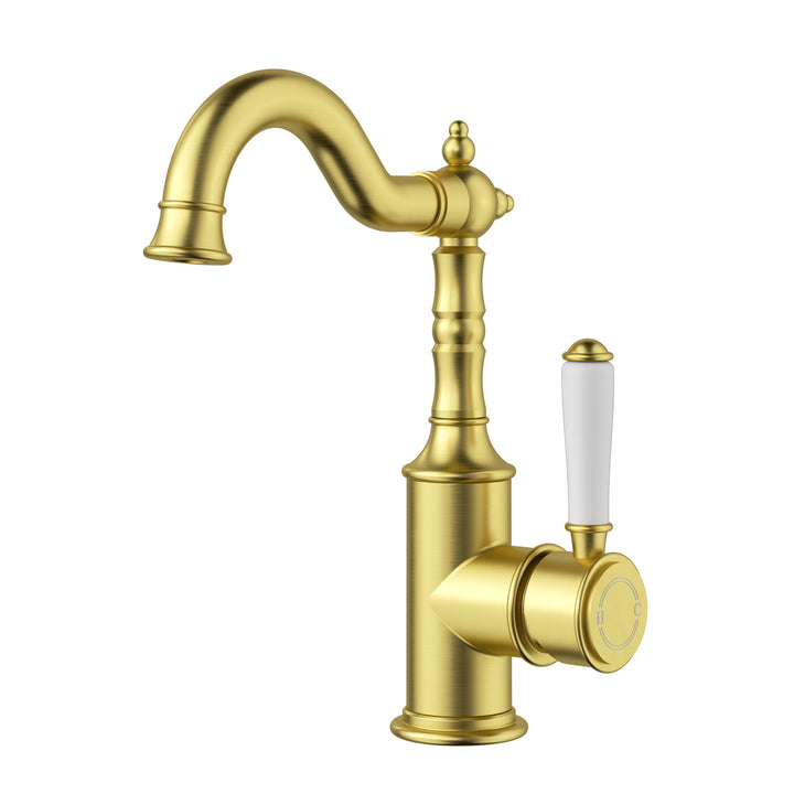 Clasico Tall Basin Mixer Hook Spout / Ceramic Handle - Brushed Gold