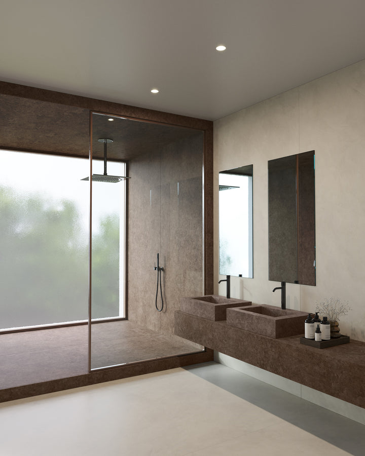 Dekton Talma in a bathroom, wide view