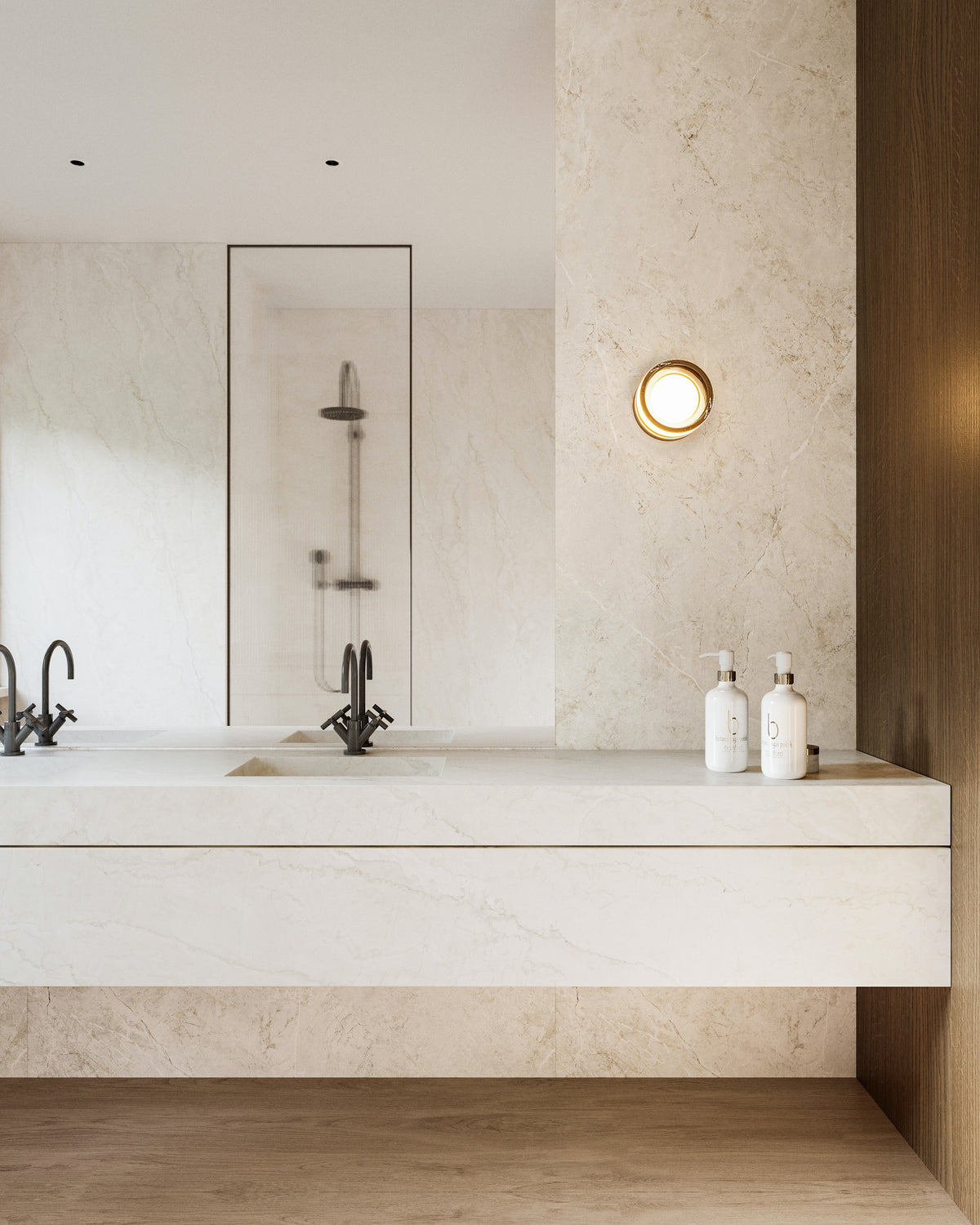 Dekton Evok in a bathroom with Dekton Thala and Kedar, wide view