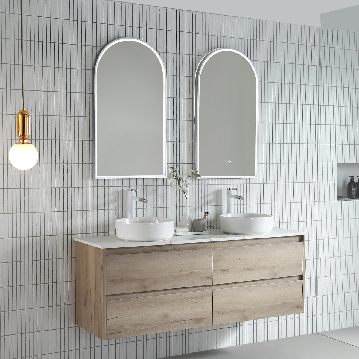 Arch LED Mirror with Demister and Portable Magnifier Brits Nickel lifestyle view