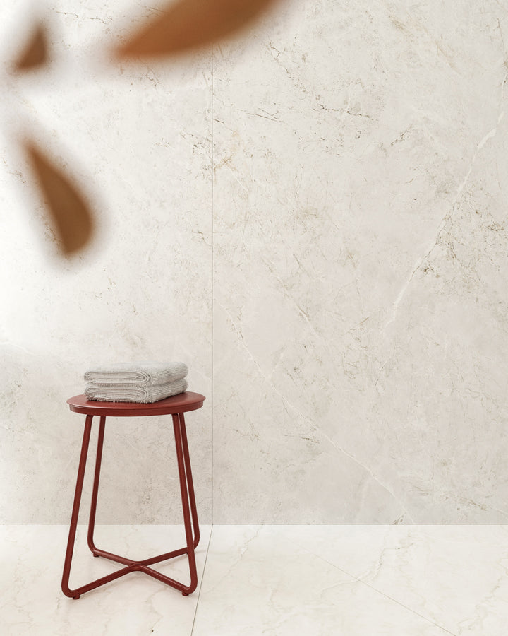 Dekton Evok in a bathroom with Dekton Thala, close-up