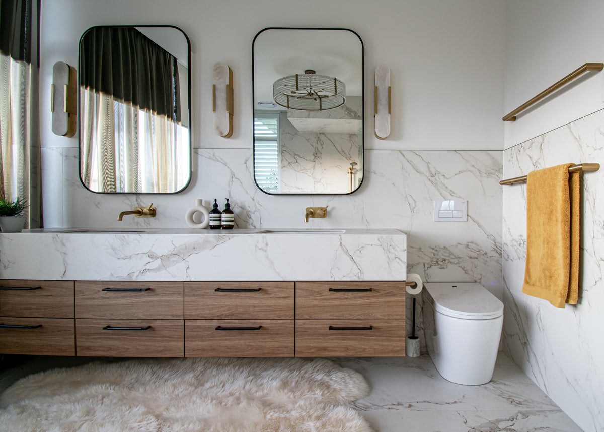 Dekton Entzo22 on a bathroom vanity and walls