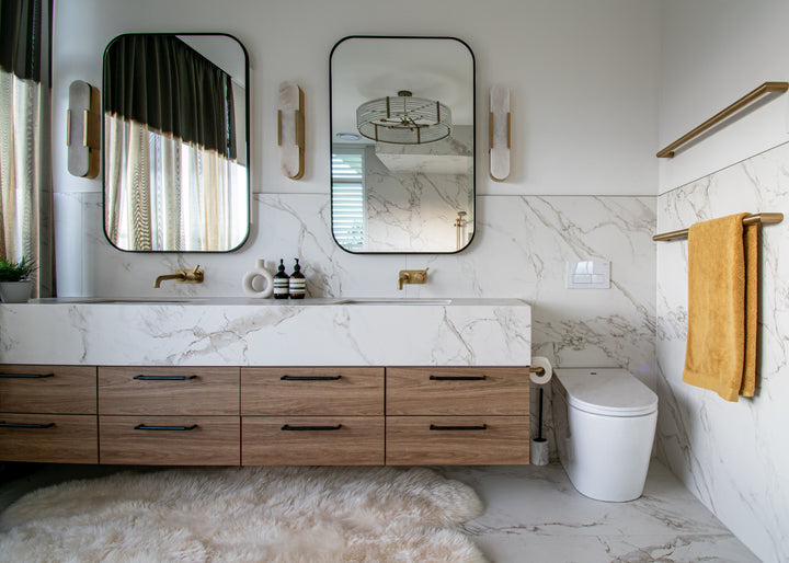 Dekton Entzo22 on a bathroom vanity and walls