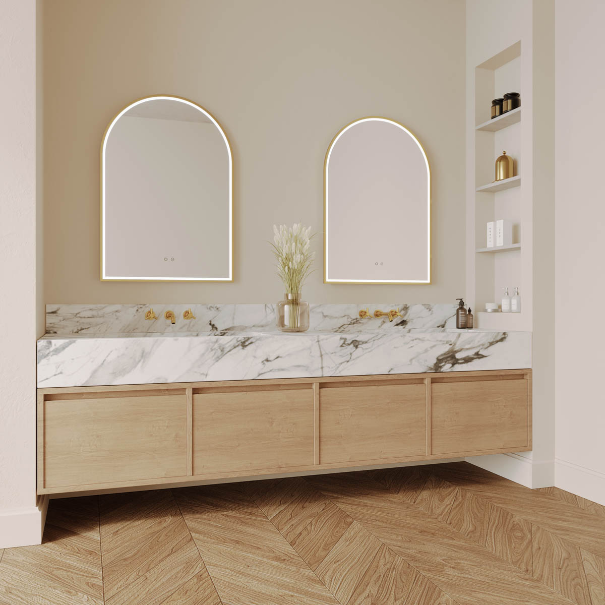 Arch LED Mirror with Demister and Portable Magnifier Baltic Brass product view 2