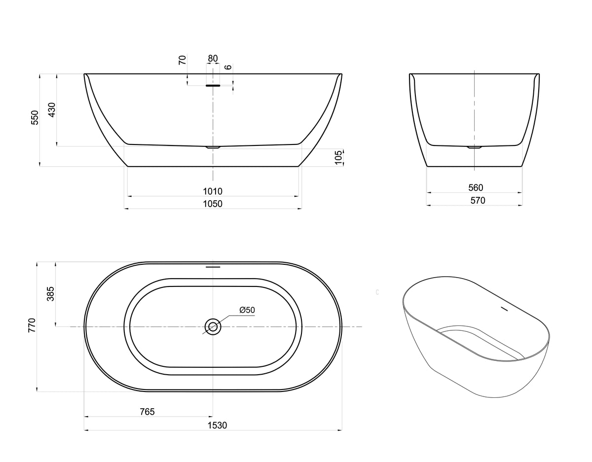Attica Manolo 1530 Matte White Bath with Overflow