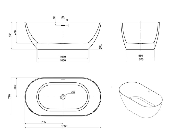 Attica Manolo 1530 Matte White Bath with Overflow