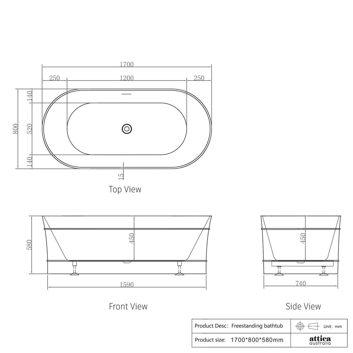 Attica Bondi 1700 Matte White Bath with Overflow