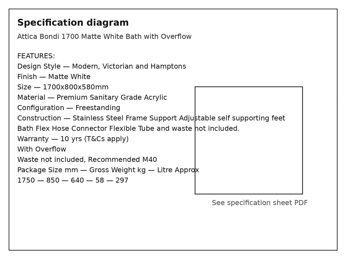 Specification diagram - Attica Bondi 1700 Matte White Bath with Overflow