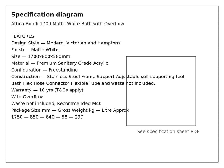 Specification diagram - Attica Bondi 1700 Matte White Bath with Overflow