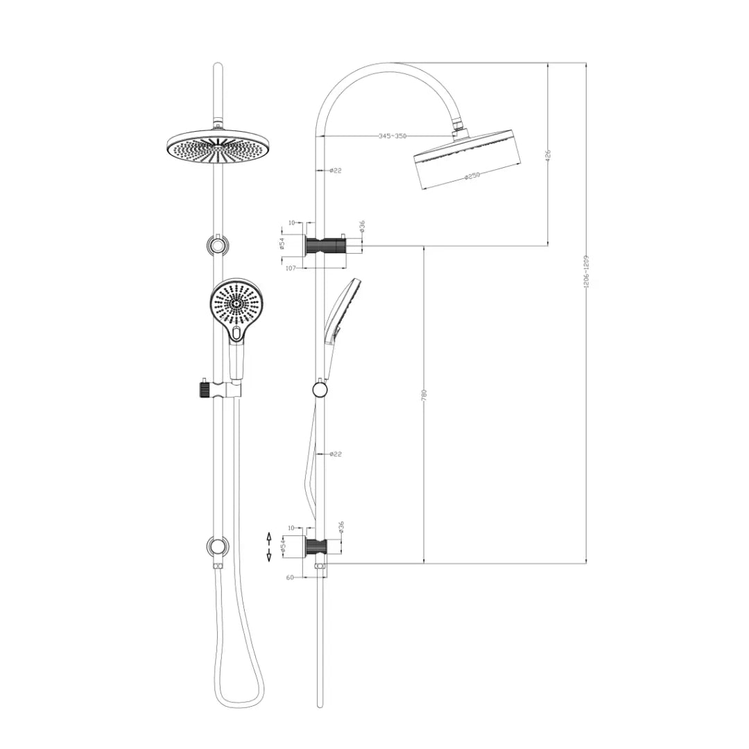 Mica Fluted Gooseneck Dual Shower Rail