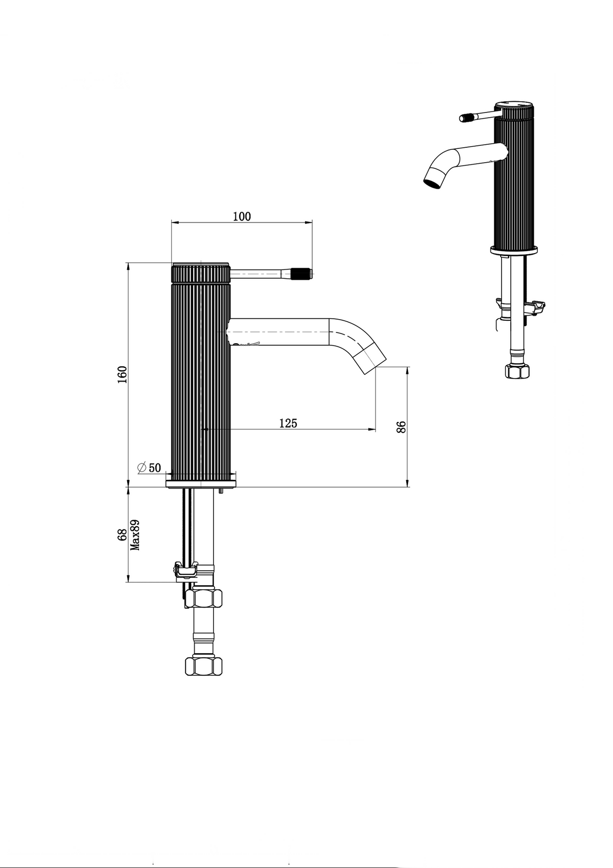 Mica Fluted Basin Mixer - Specification diagram