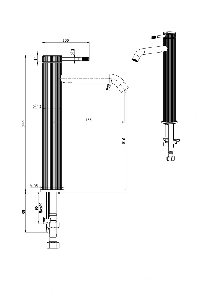 Mica Fluted Tall Basin Mixer - Specification diagram