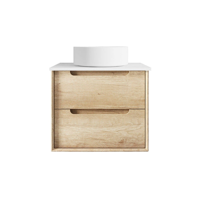 Byron 600mm Natural Oak Wall Hung Vanity - Ultra Delux Stone Top (Silica Free Pure White)