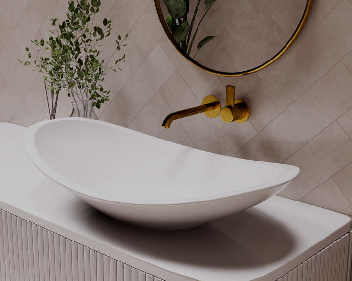 Boat above counter basin — side angle