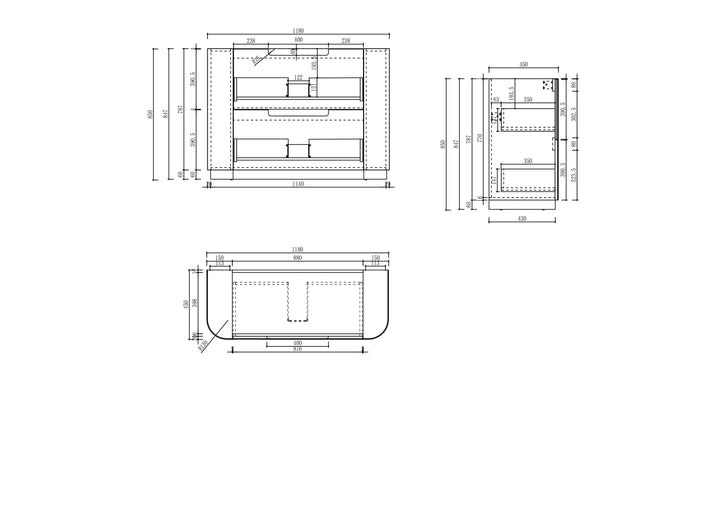 Curva Floor Standing 1200mm specification drawing