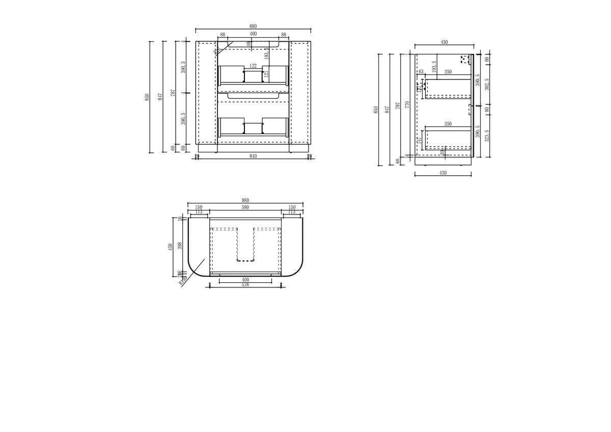 Curva Floor Standing 900mm specification drawing