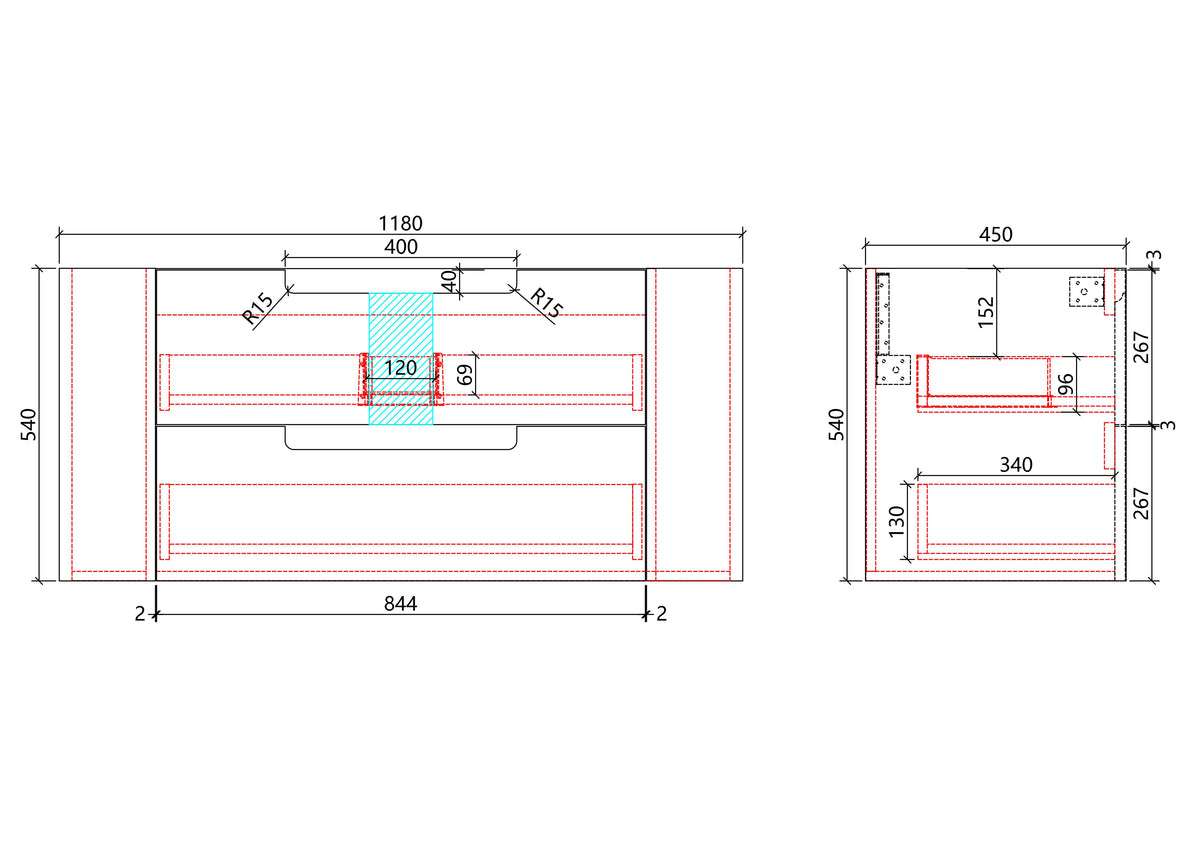 Curva Wall Hung 1200mm specification drawing