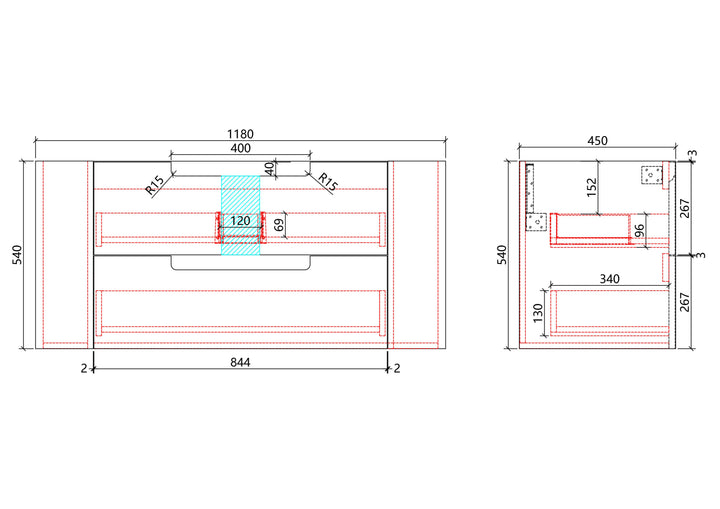 Curva Wall Hung 1200mm specification drawing