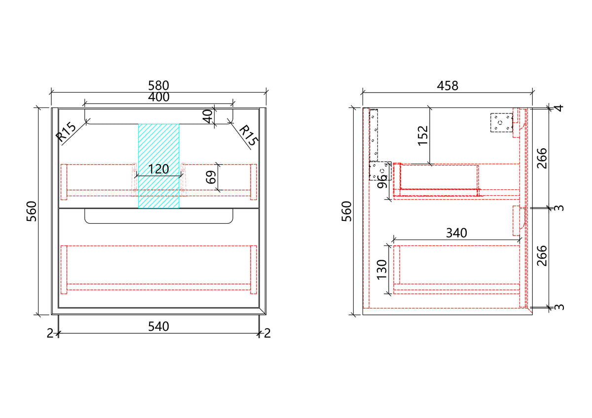 Flauto Wall Hung 600mm specification drawing