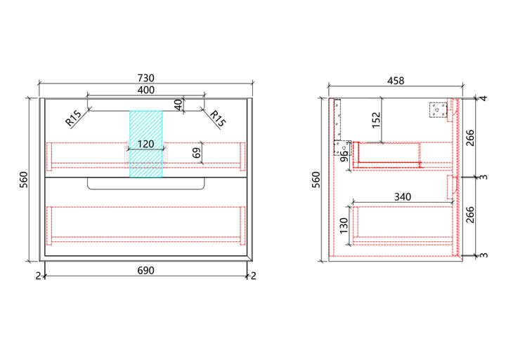 Flauto Wall Hung 750mm specification drawing