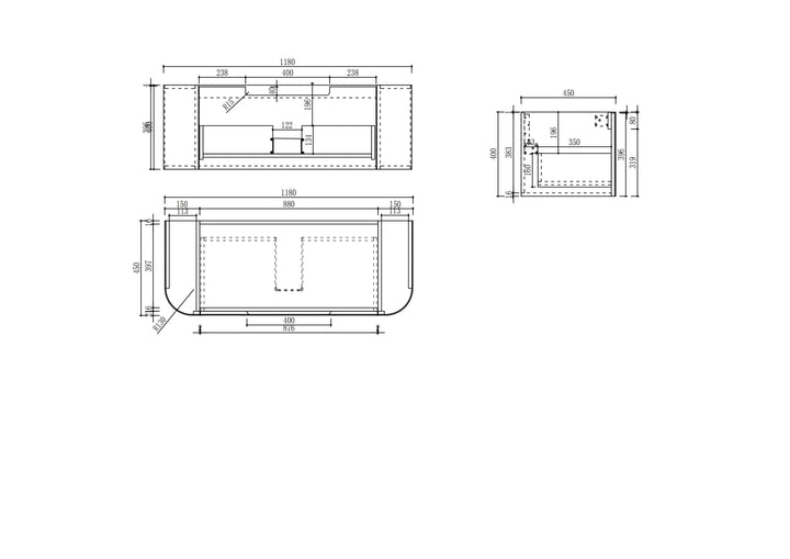 Varcelli Mono Wall Hung 1200mm specification drawing