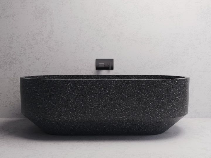 Eden Oval freestanding bath — Black terrazzo lifestyle