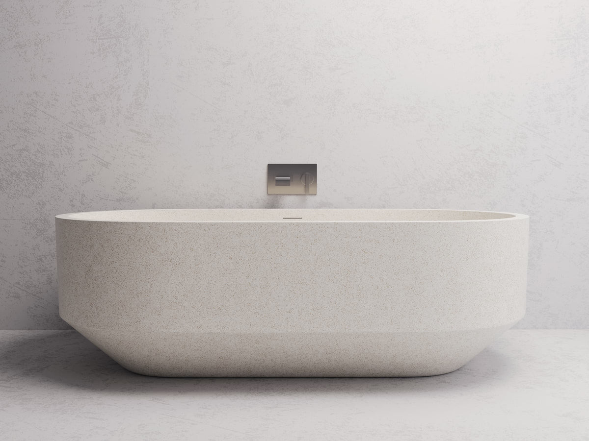 Eden Oval freestanding bath — White terrazzo lifestyle