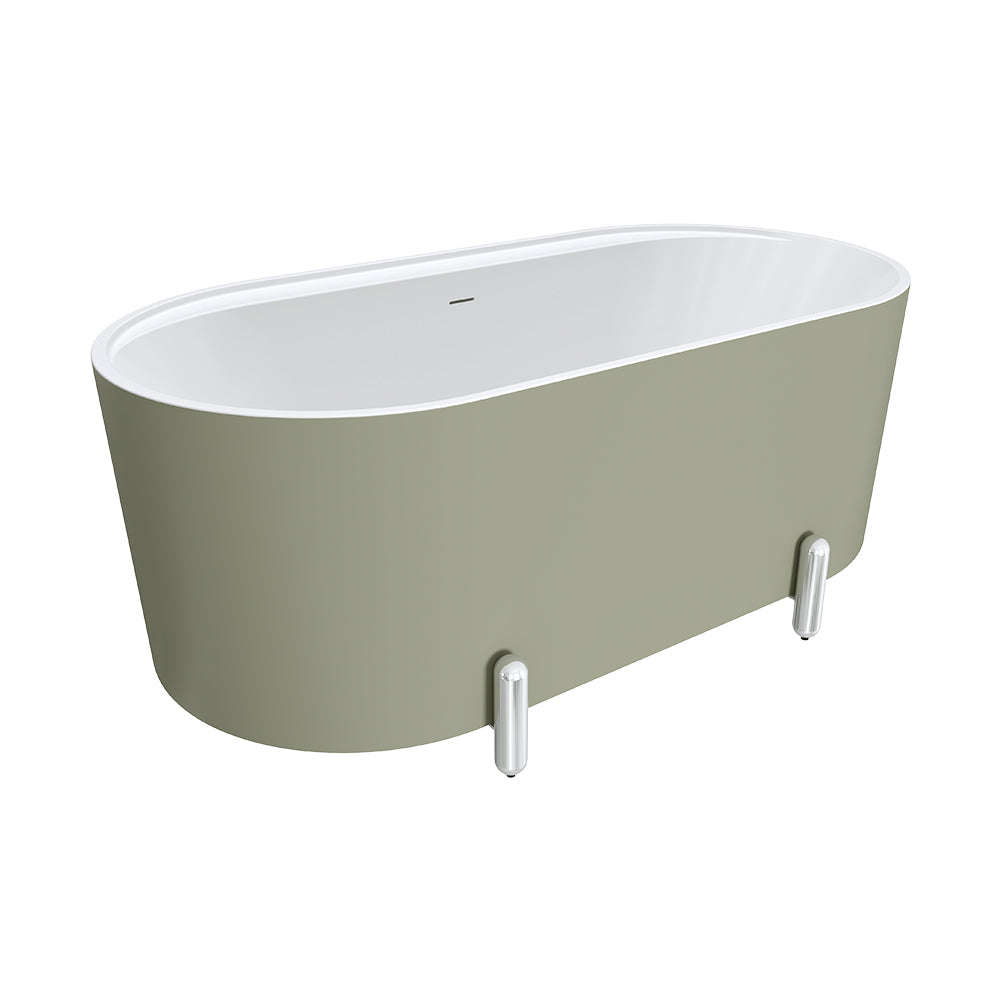 Aluca Freestanding Bath, 1500mm Matte Olive with Chrome Legs with overflow