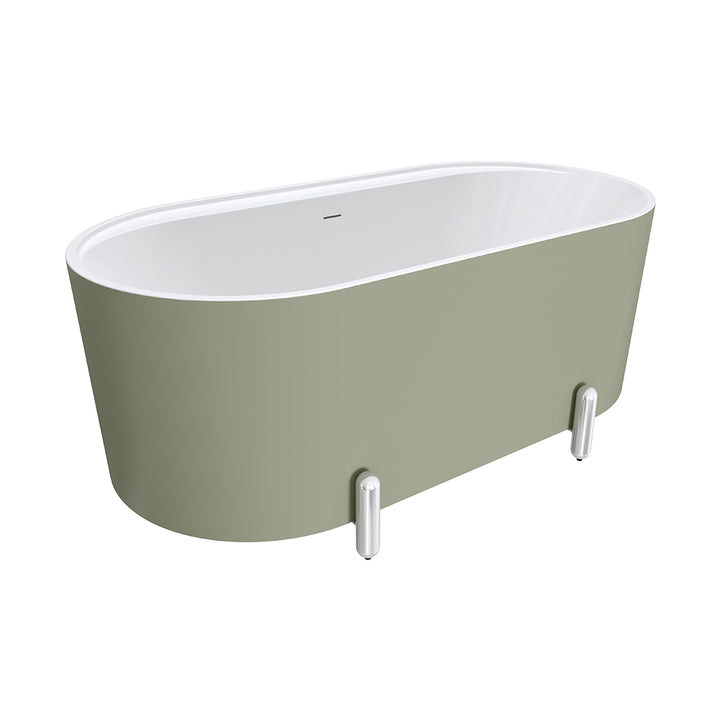 Aluca Freestanding Bath, 1500mm Matte Olive with Chrome Legs with overflow